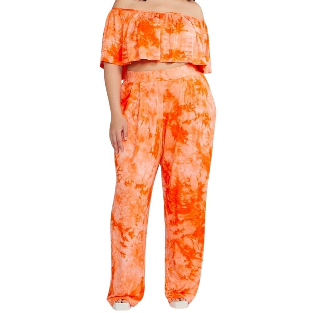 F2F Orange Tie-Dye Off-Shoulder Ruffle Crop Top Wide-Leg Pant Co-Ord Set NWT 2X